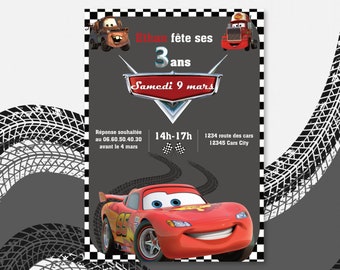 Carte d'invitation anniversaire à personnaliser sur le thème de Cars - voitures