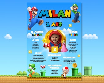 Affiche d'anniversaire à personnaliser sur le thème de Super Mario Bros - Poster anniversaire personnalisé