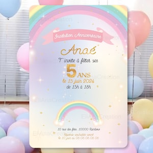 Birthday invitation card to personalize on the theme of Rainbow, stars, pastel colors / Birthday invitation