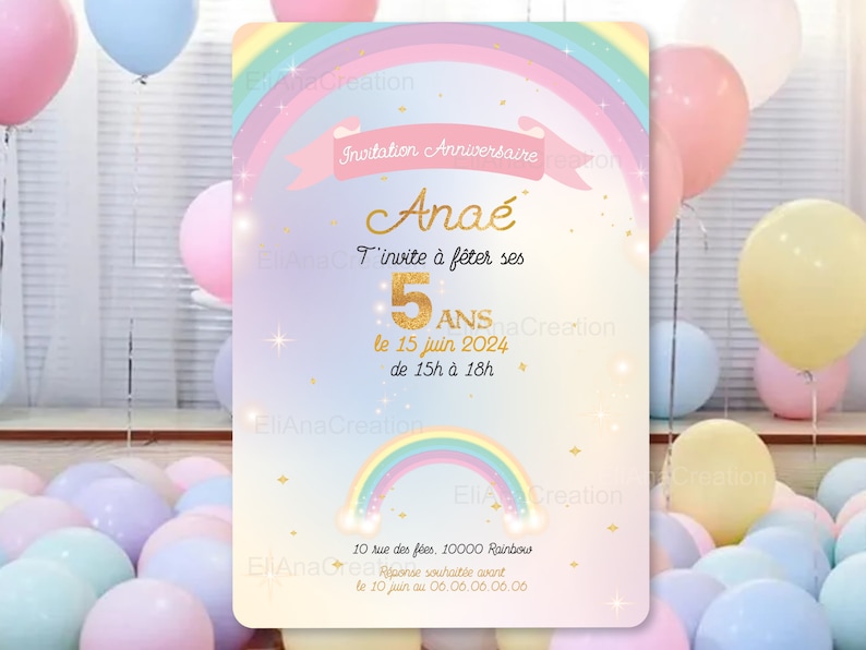 Carte d'invitation anniversaire à personnaliser sur le thème Arc-en-Ciel, étoiles, couleurs pastel / Faire-part anniversaire image 1