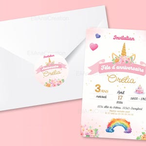 Cartão de convite de aniversário para personalizar no tema Unicórnio, Arco-Íris, Flores - Convite de aniversário imagem 2