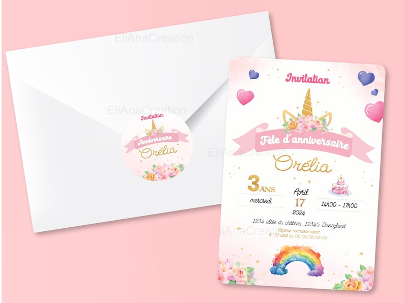 Cartão de convite de aniversário para personalizar no tema Unicórnio, Arco-Íris, Flores - Convite de aniversário imagem 2