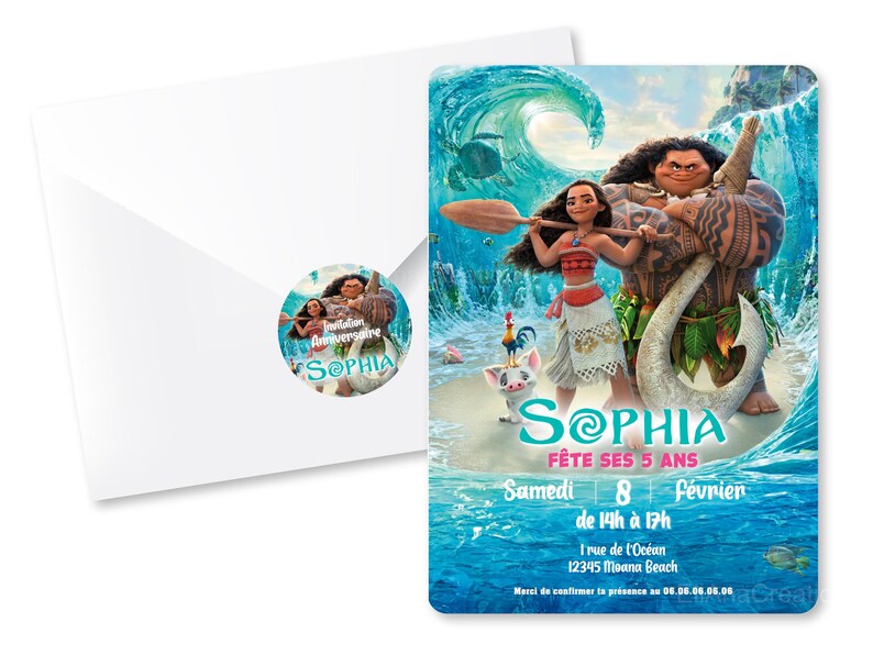 Carte d'invitation anniversaire à personnaliser sur le thème Vaiana - Princesse Moana - Disney image 4