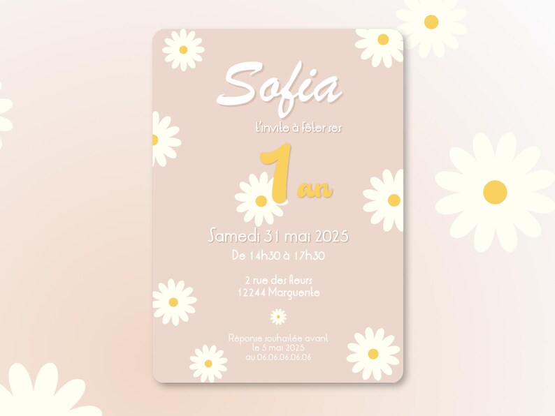 Carte d'invitation anniversaire à personnaliser sur le thème Marguerite / Thème floral - Faire-part anniversaire ou baptême image 2