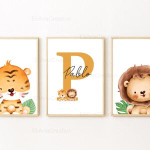 Set d'affiches personnalisées pour décoration chambre enfant / cadeau naissance Prénom & Animaux de la Savane Lion, Girafe, Tigre, Zèbre image 3