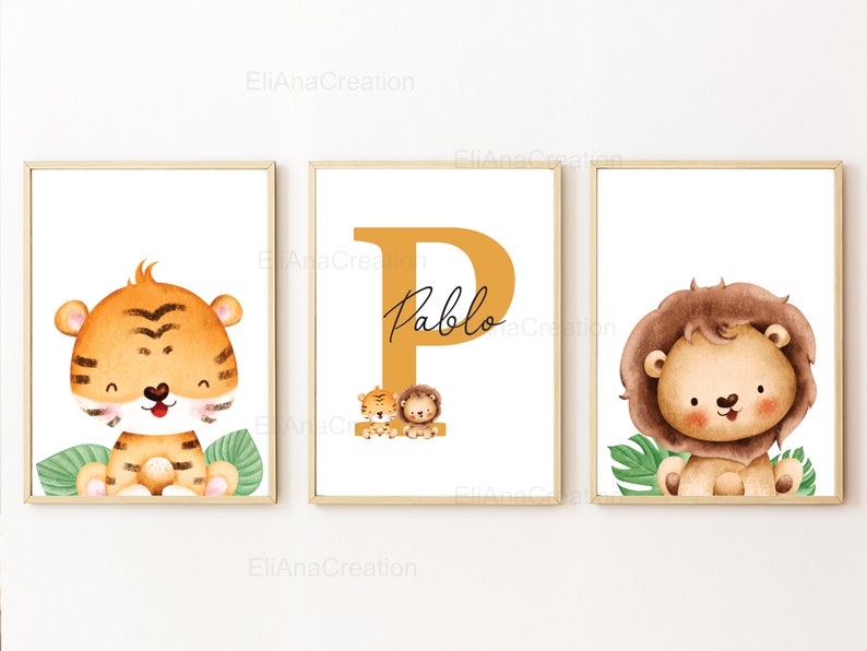 Set d'affiches personnalisées pour décoration chambre enfant / cadeau naissance Prénom & Animaux de la Savane Lion, Girafe, Tigre, Zèbre image 3