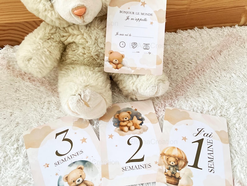 Cartes étapes bébé - Première année bébé - Mois anniversaires de la 1ère année - Cartes évolution de bébé - thème Ourson image 3