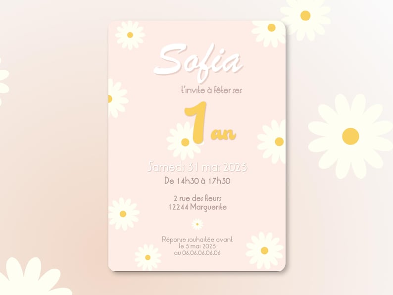 Carte d'invitation anniversaire à personnaliser sur le thème Marguerite / Thème floral - Faire-part anniversaire ou baptême image 4