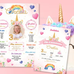 Cartão de convite de aniversário para personalizar no tema Unicórnio, Arco-Íris, Flores - Convite de aniversário imagem 6