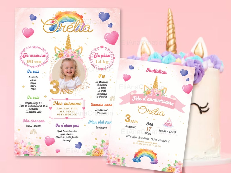 Cartão de convite de aniversário para personalizar no tema Unicórnio, Arco-Íris, Flores - Convite de aniversário imagem 6