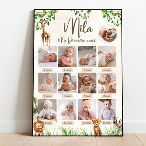 Póster "Mi primer año" para personalizar - Animales de la selva - Tema Safari