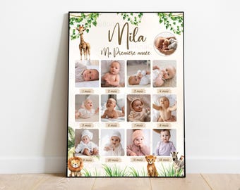 Póster "Mi primer año" para personalizar - Animales de la selva - Tema Safari