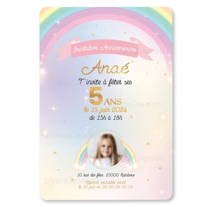 Carte d'invitation anniversaire à personnaliser sur le thème Arc-en-Ciel, étoiles, couleurs pastel / Faire-part anniversaire image 3