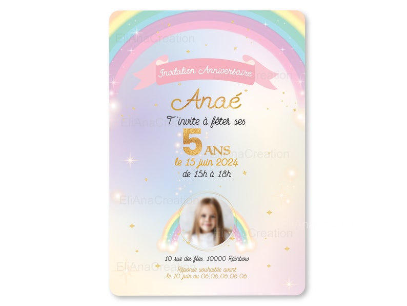 Carte d'invitation anniversaire à personnaliser sur le thème Arc-en-Ciel, étoiles, couleurs pastel / Faire-part anniversaire image 3