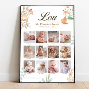 Póster "Mi primer año" para personalizar - Tema bosque - Animales del bosque - 1 año en fotos