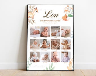 Póster "Mi primer año" para personalizar - Tema bosque - Animales del bosque - 1 año en fotos