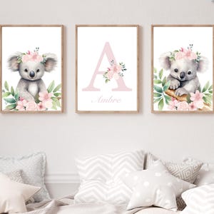 Conjunto de pôsteres personalizados para decoração de quarto infantil - Nome e aquarela de coalas - Pôsteres de animais - Coalas fofos em aquarela