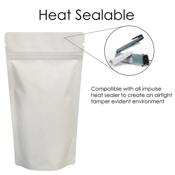 Rightpak Matt White Stand Up Mylar Pouches With Zip Lock - Heat Sealable - Various Sizes