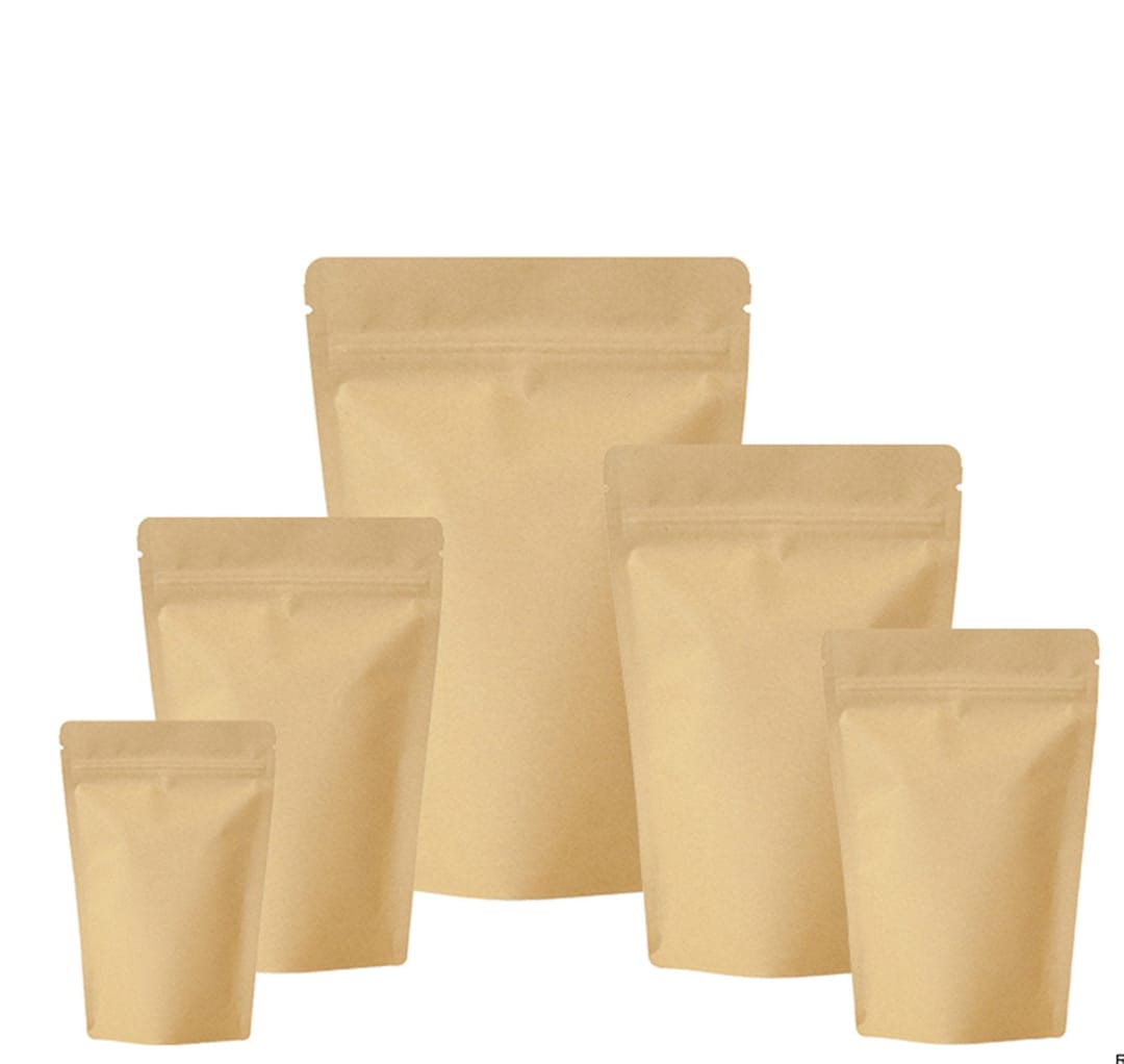 50 Kraft Paper Stand-Up Reusable Food Pouches (180 X 300 X 50mm) | Foil-Lined, Heat-Sealable | Resealable Ziplock Bags Tear Notch | Brown Paper