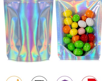 One Side Clear Rainbow Holographic Heat Sealable Metallic Film Stand-Up Pouch Food Grade Smell Proof Zip Lock Bag Resealable Storage Bags