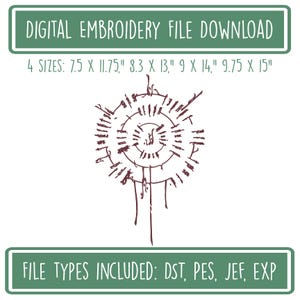 Puede incluir: Una descarga de archivo de bordado digital con un gráfico circular marrón oscuro con líneas radiantes y elementos que gotean. El texto dice: DIGITAL EMBROIDERY FILE DOWNLOAD, 4 TAMAÑOS: 19,05 X 29,85 cm, 21,08 X 33,02 cm, 22,86 X 35,56 cm, 24,77 X 38,1 cm, TIPOS DE ARCHIVO INCLUIDOS: DST, PES, JEF, EXP.