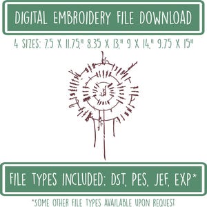 Op de afbeelding: Digitale borduurbestand download met een centraal cirkelvormig ontwerp. De afbeelding toont vier formaten: 7,5 x 11,75 inch, 8,35 x 13 inch, 9 x 14 inch en 9,75 x 15 inch (ongeveer 19 x 30 cm, 21 x 33 cm, 23 x 36 cm, 25 x 38 cm). Bestandstypen: DST, PES, JEF, EXP.