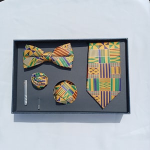 5pcs Kante Tie Set, Men&#39;s Bow Tie, Men gift set, Gold Necktie, African bow tie, Traditional wedding Necktie, Father&#39;s Day gift