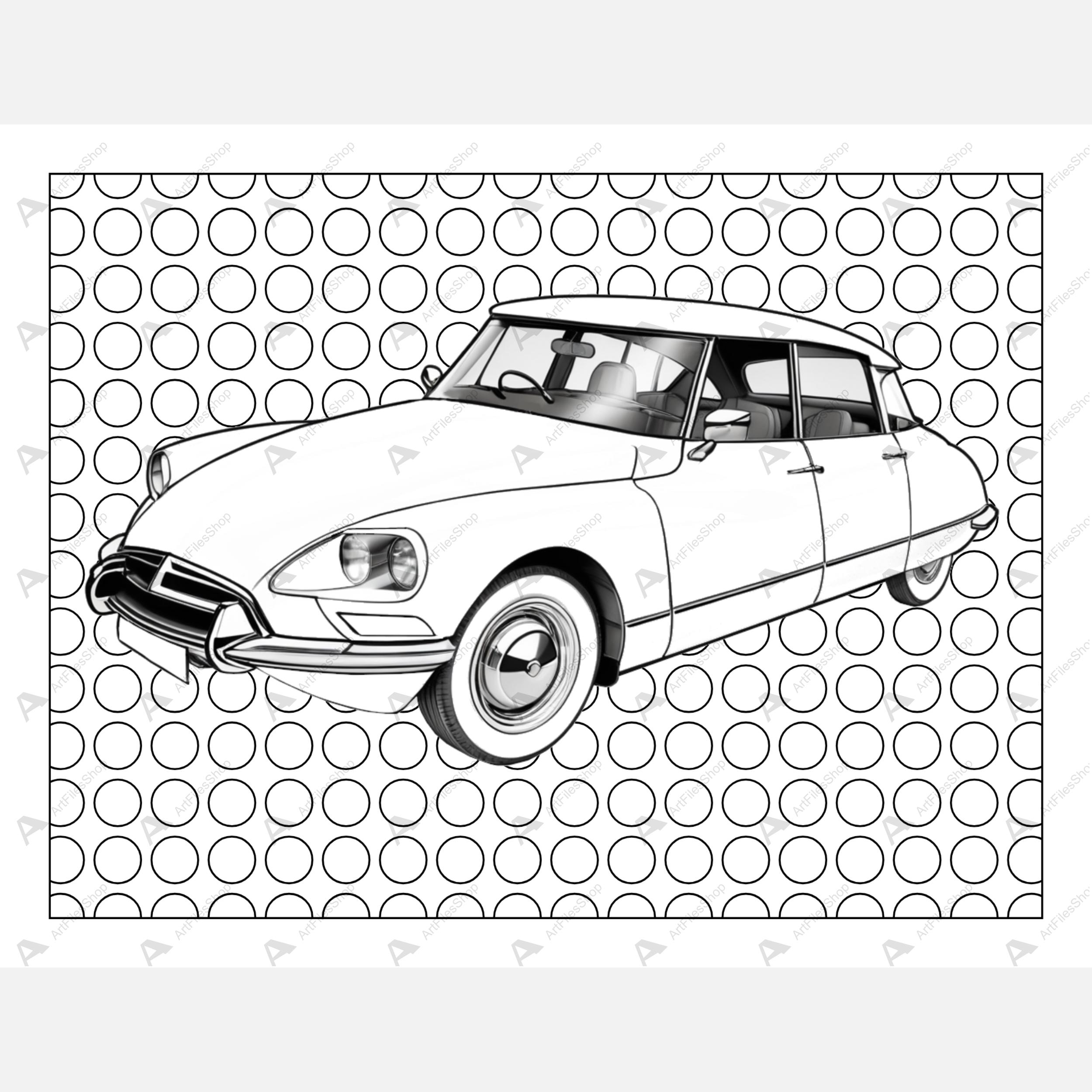 大人のためのシトロエンDSぬり絵6枚 - クラシックなフランス車