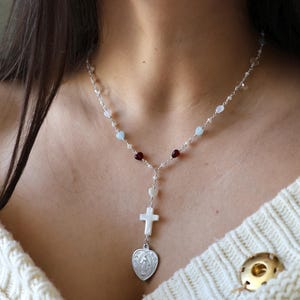 Rosary Style Necklace with Glass Hearts, Shell Cross, and Vintage Heart-Shaped Virgin Mary Pendant