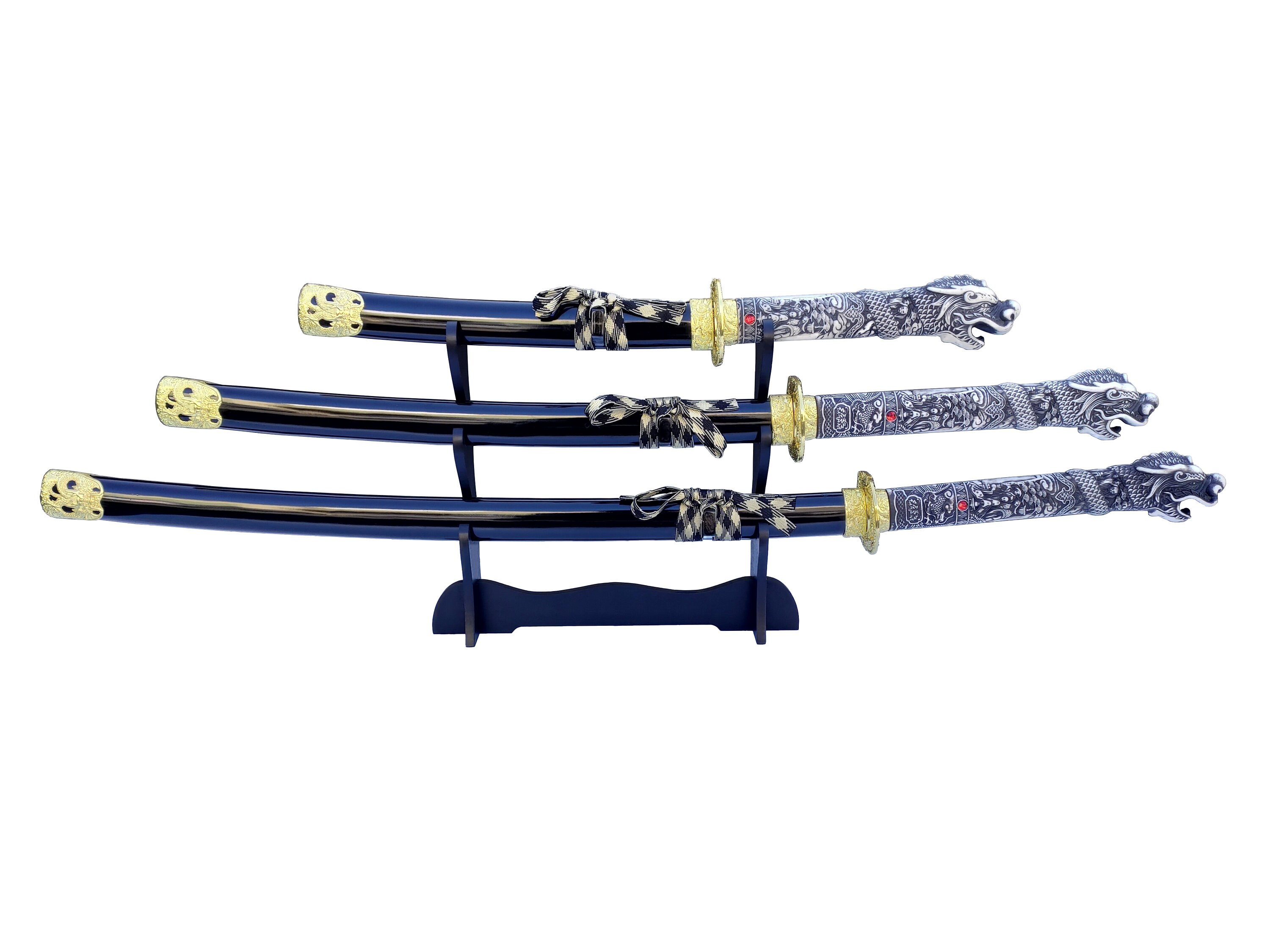 Samurai Sword Display Black Wood Triple Katana Stand Holder 3 swords 