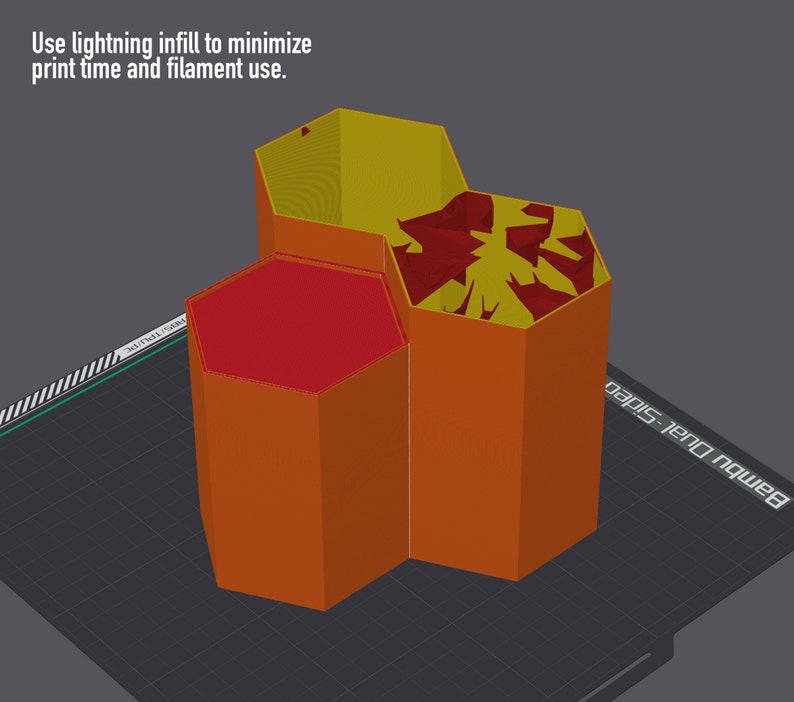 May include: Three hexagonal 3D printed containers with orange, yellow, and red infill. The text "Use lightning infill to minimize print time and filament use." is visible at the top of the image.