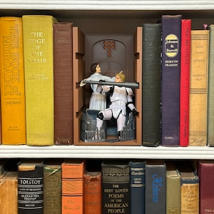 May include: A brown wooden bookend with a Star Wars themed design. The bookend features a scene of a Stormtrooper and a woman in a white dress standing in a doorway. The bookend is on a bookshelf with other books.