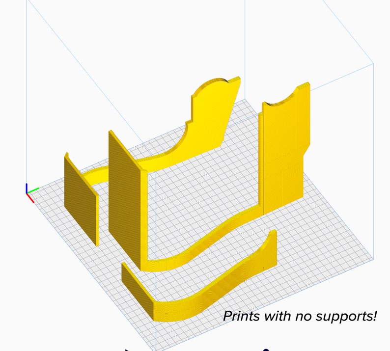 May include: A 3D-rendered yellow model of a chair, disassembled into several parts. The components include the back, seat, and side supports, arranged on a grid. Text at the bottom reads "Prints with no supports!"