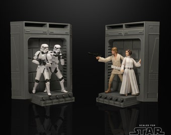 May include: A Star Wars The Black Series diorama set featuring Luke Skywalker and Princess Leia facing off against two Stormtroopers. The set is scaled for 6-inch action figures.