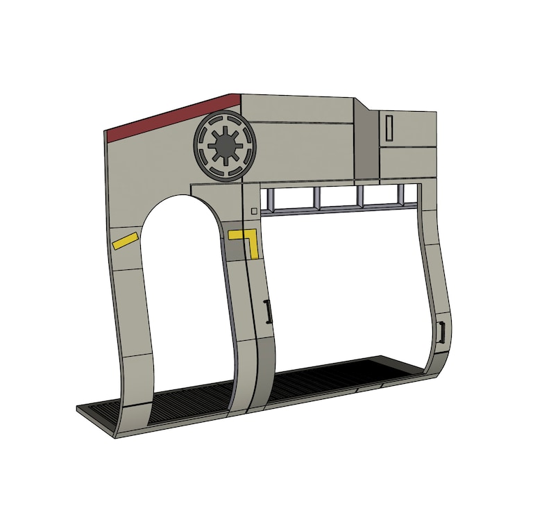 May include: A gray, geometric structure with a circular emblem and a rectangular opening. The structure has a dark red top and yellow accents. The base is a black, textured surface.