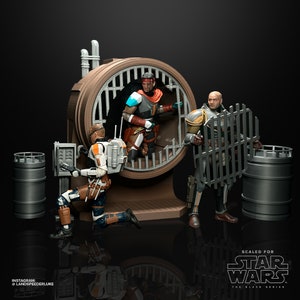 May include: Three Star Wars action figures, including a character with a blue and orange jumpsuit, a character with a brown and orange jumpsuit, and a character with a brown and green jumpsuit. The figures are posed in a scene with a circular cage and two gray barrels. The text "SCALED FOR STAR WARS THE BLACK SERIES" is visible at the bottom of the image.