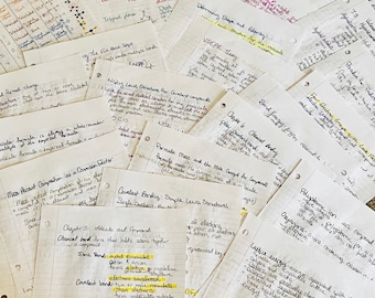 May include: A collection of handwritten notes on lined paper, covering topics in chemistry. The notes include diagrams, formulas, and highlighted text, with titles like "Covalent Bonding" and "Molecular Formula".