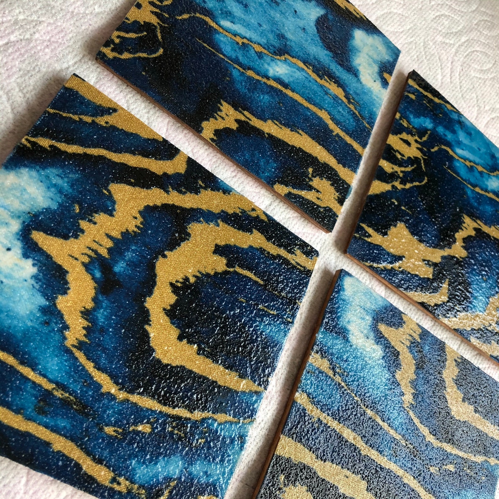 Set of 4 Blue Gold Geode Print Vintage Style Textured Resin Coated