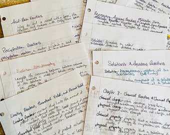 May include: A collection of handwritten notes on lined paper, detailing chemistry concepts such as acid-base reactions, precipitation, and solution stoichiometry. The notes are in black ink with highlighted sections, and the pages are scattered on a textured surface.