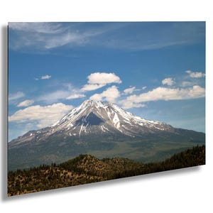 Mount Shasta Photograph, Blue Sky & White Clouds, Landscape Photography, Scenic Mountain View, Horizontal Print, Northern California Photo