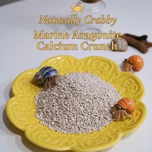May include: A yellow, flower-shaped dish holds a pile of small, light-colored aragonite calcium crunch. Two hermit crabs with striped shells and one with a blue and white shell are on the dish. The text "Naturally Crabby Marine Aragonite Calcium Crunch" is above the dish.