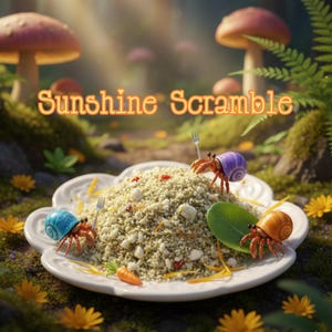 May include: A whimsical illustration of a plate of food labeled "Sunshine Scramble" with three hermit crabs. The crabs have colorful shells and are holding tiny forks. The background features mushrooms, ferns, and flowers, creating a fantasy food scene.
