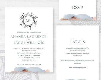 May include: Wedding invitation with a watercolor background and a floral wreath with the initials "AW" in the center. The invitation is for Amanda Lawrence and Jacob Williams. The wedding will be held on Saturday, October 24th, 2023 at 3 PM at Rose May Gardens, 30 187 Hudson Boulevard, Phoenix, Arizona. Dinner and dancing will follow. The RSVP card has a watercolor background and the text "RSVP". The details card has a watercolor background and the text "Details". The wedding ceremony and reception will be held on Saturday, November 5, 2023 at 4:30 PM - 10:00 PM at Hammock Beach Resort. The attire is Resort Chic. The website for the wedding is www.amandaandjacob.com.