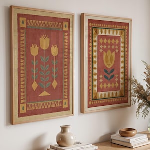 Conjunto de 2 peças de arte de parede em estilo folclórico escandinavo, estampas de tulipas nórdicas, decoração floral rústica sueca.