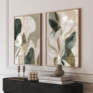 Neutrales botanisches Wandkunst-Set von 2, moderne grüne und beige Blumendrucke, organisches minimalistisches Dekor