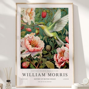 Impresión de William Morris, arte de William Morris, póster de exposición, pájaros William Morris, William Morris Green, impresión de colibrí, arte de pared