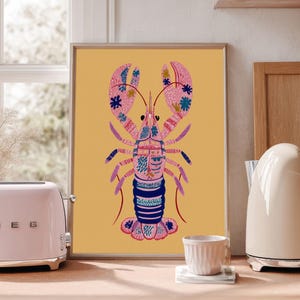 Colourful Lobster Print Wall Art, Quirky Kitchen Poster, Nautical Dining Room Decor, Coastal Seafood Artwork for Beach House or Seaside Home