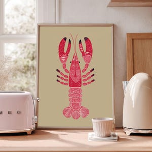 Red Lobster Print Wall Art, Nautical Kitchen Poster, Coastal Dining Room Decor, Bright Seafood Artwork for Beach House or Seaside Home