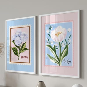 Set of 2 Coquette Posters, Peony Print, Tulip Print, Grandmillenial, Cottagecore, French Cottage, Chinoiserie, Nancy Meyers, Coquette Art
