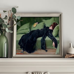 Dekadente junge Frau | Frauenportrait | Vintage Wandkunst | Smaragdgrüne Kunst | Nach dem Tanz | Stimmungsvolle Wanddekoration | DRUCKBARE Kunst
